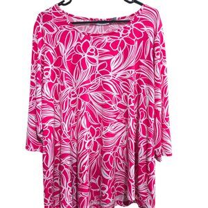 Susan Graver 1X Plus Size Asymmetrical Hem Floral 3/4 Sleeve Top